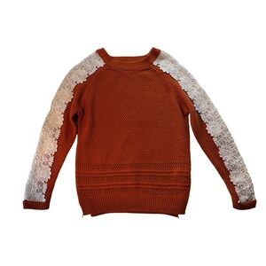 Listicle Womens Rust Orange Lace Crochet Sleeve Knit Sweater Size M Boho Raglan